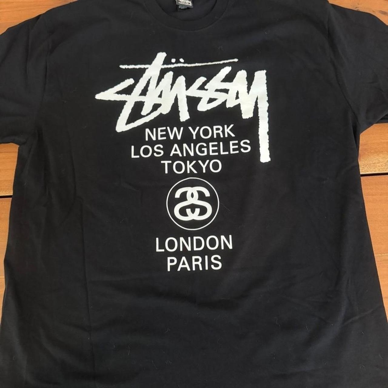 Stssy T-Shirt Back White Stssy Logo Cities New York London Paris Men's Sz Xxl